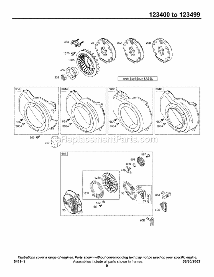 Blower HousingShrouds Flywheel Rewind Group Diagram and Parts List for 123435-0168-E1  Briggs and Stratton Engine